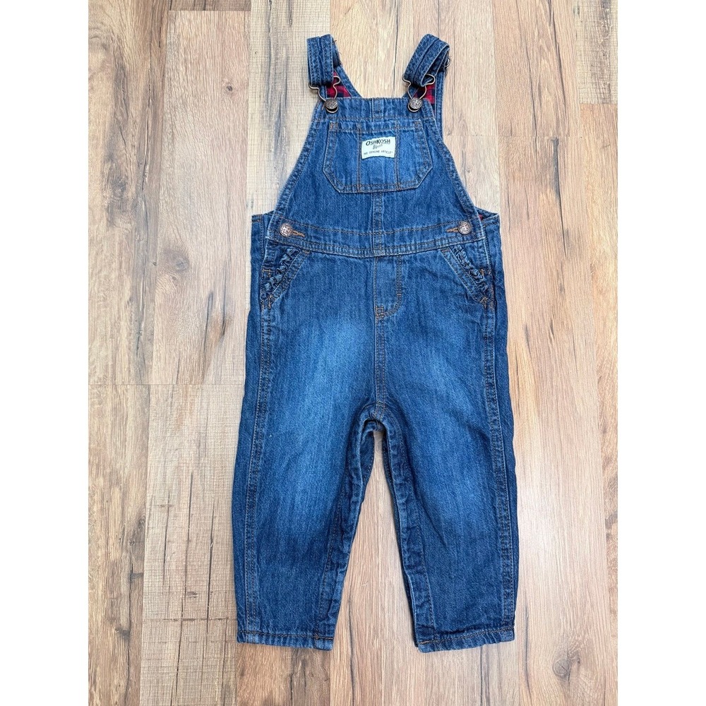 OshKosh B'gosh Girls Denim Overalls Lined Buffalo Plaid – 18M